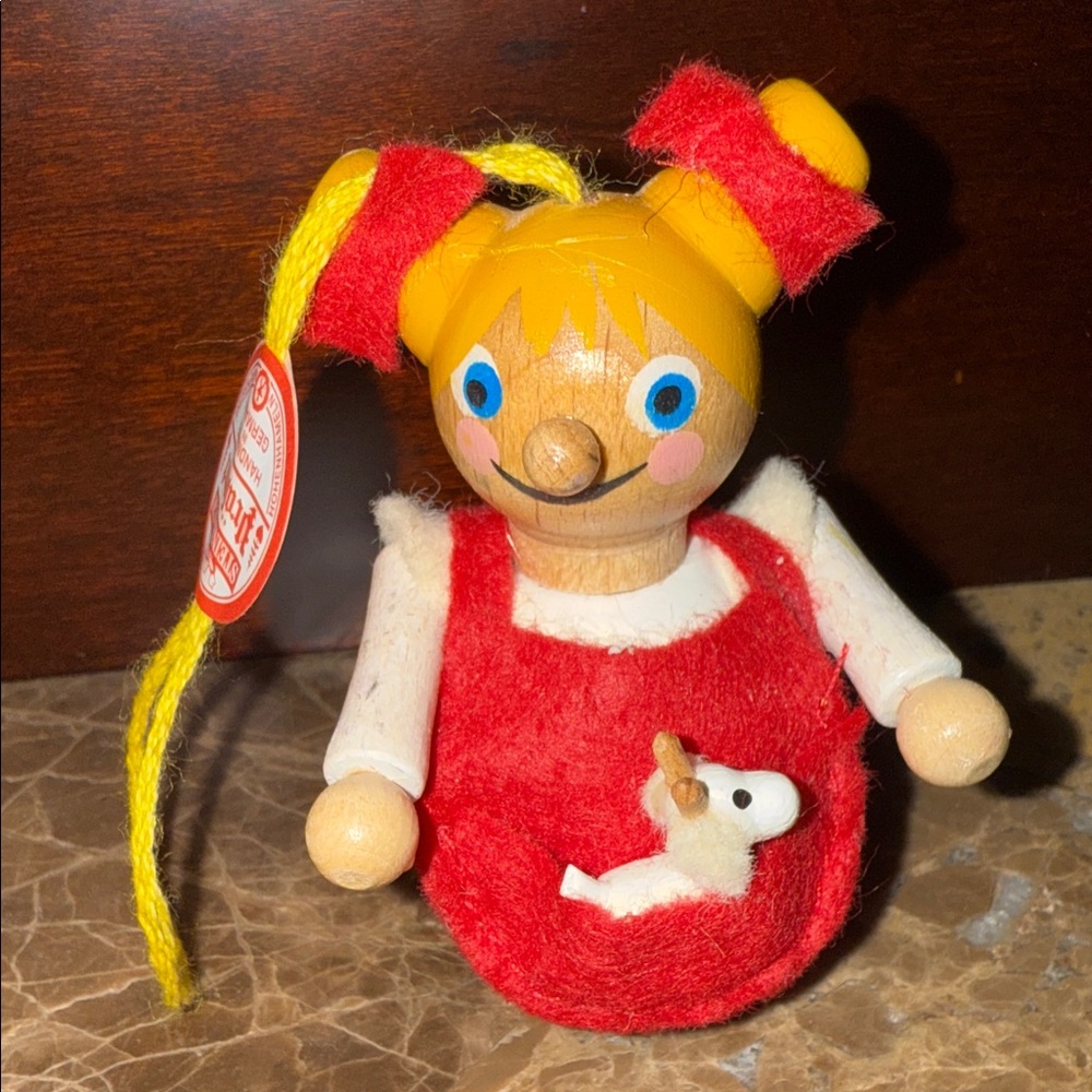 Steinbach Handmade in Germany Red Wooden Doll with Yellow Hair Ornament Vintage